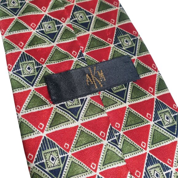 Vintage AKM All Silk Long Tie Italian Designer Office Dad Gift Red Green - Picture 4 of 5